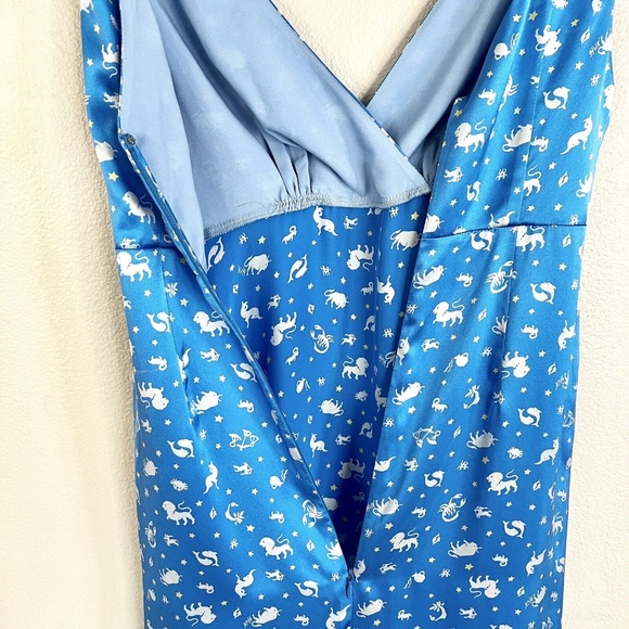 ✨RARE✨ HVN 100% Silk Astrology Zodiac Print V Neck Slip Dress in Blue - Picture 8 of 9